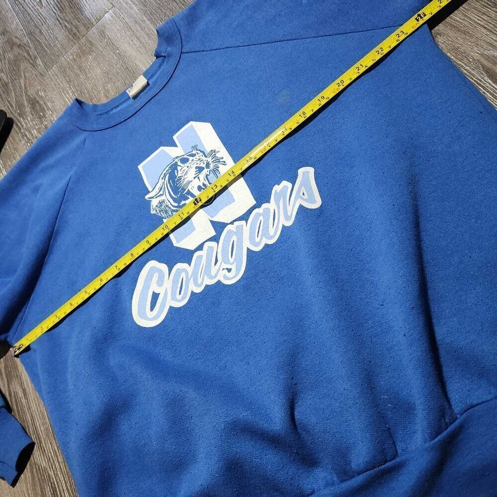 Vintage 60s Blue and White Cougars high school sports team crewneck sweater - Picture 11 of 12